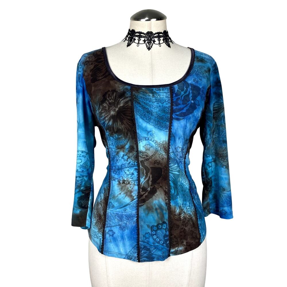 Y2K Style Sami Jo Blue Brown Paisley Whimsigoth Fairy Patchwork Hippie Blouse L